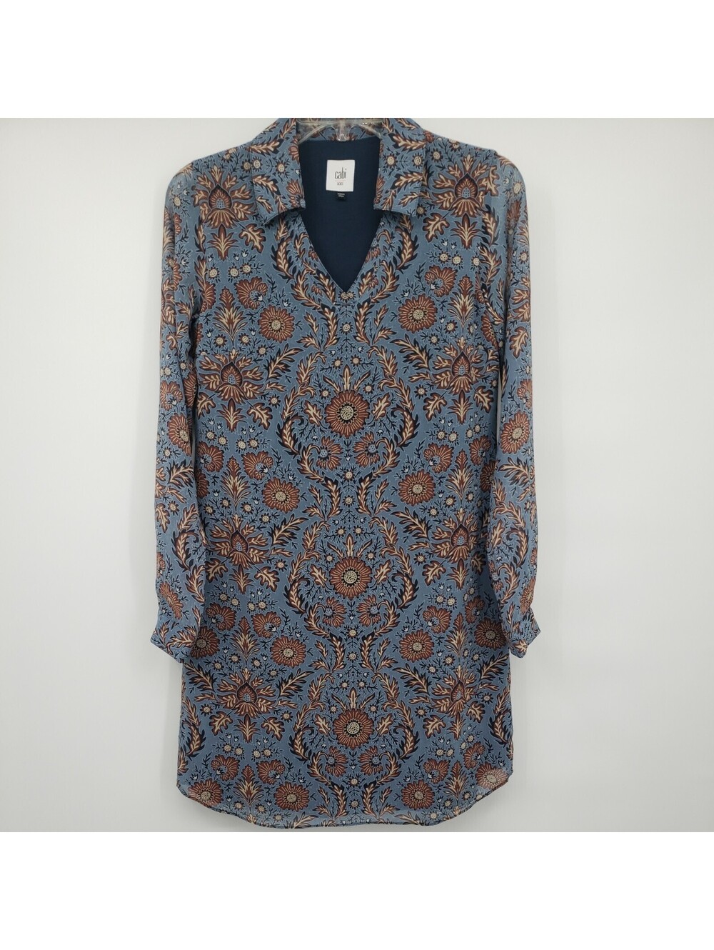 Cabi Women's Dress XXS Blue Brown Floral Long Sleeve Shift Provincial #3295